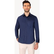 Erkek Lacivert Uzun Kol Saten Gömlek