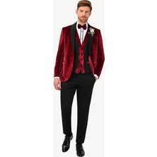 Erkek Bordo Şal Yaka Yelekli Slim Fit Damatlık