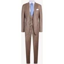 Ysf Erkek Bej Yelekli Ekose Regular Fit Takım Elbise