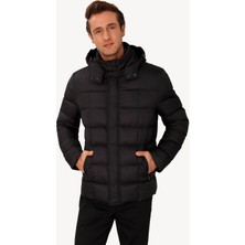 Erkek Siyah Kapöşonlu Klasik Kaban