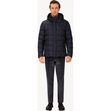 Erkek Lacivert  Kapöşonlu Klasik Kaban