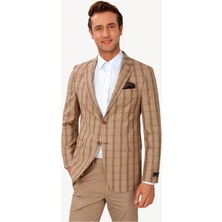 Ysf Erkek Kahverengi Yünlü Kareli Klasik Ceket