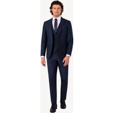 Erkek Lacivert Slim Fit Yelekli Kareli Desen Takım Elbise