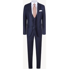 Erkek Lacivert Slim Fit Yelekli Kareli Takım Elbise