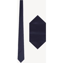 Erkek Lacivert  Düz Slim Kravat Mendil Set