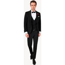 Erkek Siyah Slim Fit Şal Yaka Yelekli Damatlık