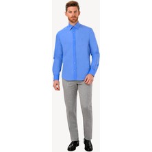 Erkek Koyu Mavi Uzun Kol Silim Fit Saten Gömlek