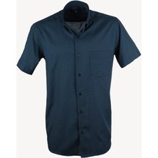 Erkek Lacivert Yeşil Kısa Kol Klasik Kareli Gömlek