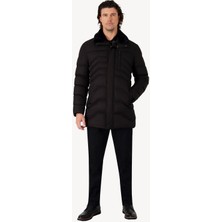 Erkek Siyah Regular Fit Yakası Kürlü Uzun Kaban