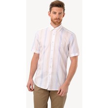 Erkek Beyaz Kısa Kol Çizgili Slim Fit Gömlek