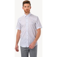 Erkek Mavi Beyaz Slim Fit Kısa Kol Desenli Gömlek