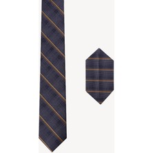 Erkek Lacivert  Çizgili Kravat Mendil Set