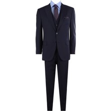 Erkek Koyu Lacivert Sivri Yaka Slim Fit Yelekli Takım Elbise