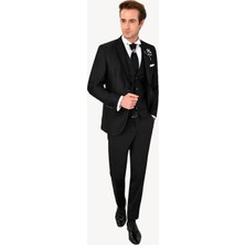 Erkek Siyah Pileli Slim Fit Kırlangıç Yaka Yelekli Damatlık