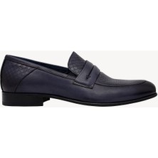 Ysf Erkek Lacivert Deri Klasik Loafer Ayakkabı Düz Taban Slip-on Tasarım