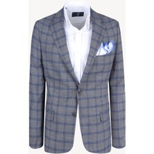 Erkek Gri Mavi Keten Kareli Klasik Ceket