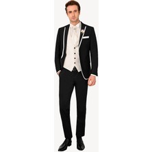 Erkek Siyah Kırlangıç Yaka Yelekli Desenli Slim Fit Damatlık