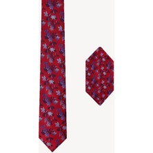 Erkek Kırmızı Çiçek Desenli Kravat Mendil Set