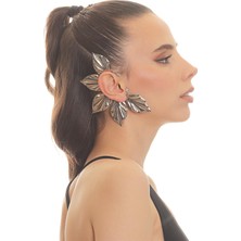 Labalaba Kadın Gümüş Renk Lak Kaplama Zirkon Taşlı Yaprak Stilizesi Sağ Kulak Earcuff&kıkırdak Küpe
