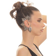 Labalaba Kadın Gümüş Renk Lak Kaplama Zirkon Taşlı Dokulu Yaprak Stilizesi Sağ Kulak Earcuff&kıkırdak Küpe