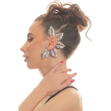 Labalaba Kadın Gümüş Renk Lak Kaplama Zirkon Taşlı Dokulu Yaprak Stilizesi Sol Kulak Earcuff&kıkırdak Küpe