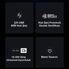 Baseus Super Şarj LED Işıklı Çift USB 60W Araç Şarjı Araç Çakmaklık Şarjı Akıllı Şarj Hızlı Araç Şarj