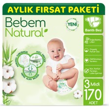 Bebem Natural Bebek Bezi 3 Beden Midi Aylık Fırsat Paketi 170 Adet