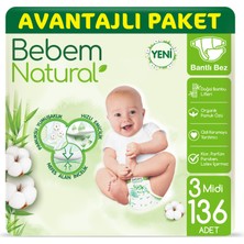 Bebem Natural Bebek Bezi 3 Beden Midi Avantajlı Paket 136 Adet