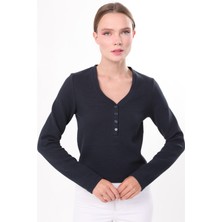 Owut Collection Düğmeli Yaka Uzun Kollu Lacivert Bluz