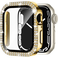 Quse Apple Watch Seri 9-8-7 41MM Uyumlu Ekran ve Taşlı Kasa Koruyucu Gold