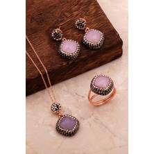 Sümer Telkari Pembe Kuvars Taşlı Rose Gümüş Set 2709