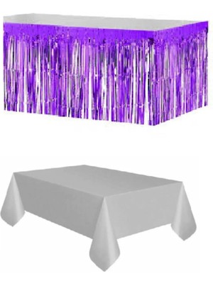 DropFokul Plastik Gümüş Masa Örtüsü - Mor Metalize Masa Eteği Püskülü