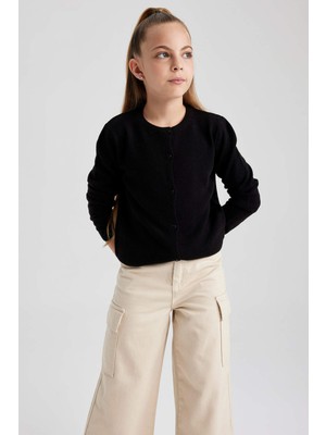 DeFacto Kız Çocuk Siyah Bisiklet Yaka Triko Hırka Düz Desenli Yumuşak Akrilik Kumaş