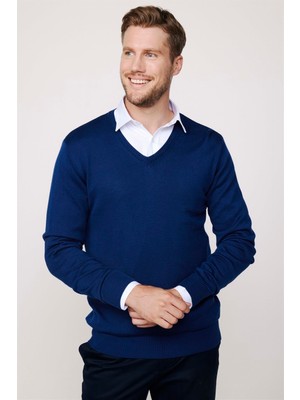 Tudors Erkek Standart Fit Normal Kesim V Yaka Pamuklu Mavi Triko Kazak