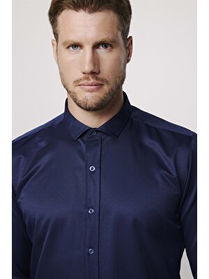 Tudors Modern Slim Fit Düz Saten Pamuklu Erkek Lacivert Gömlek