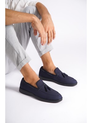 Mubiano Hakiki Deri 22107T-LCV Nubuk Lacivert İnce Taban Püsküllü Erkek Loafer & Günlük Ayakkabı