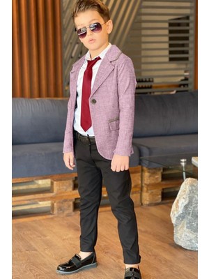 Erkek Çocuk Mono Yaka Ceket ve Kravatlı Bordo Alt Üst Takım
