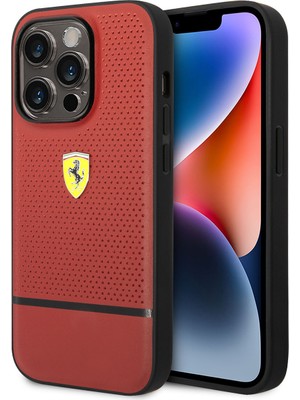 Ferrari iPhone 14 Pro Uyumlu Kılıf Ferrari Deri Delikli ve Çizgili Dizayn Kapak