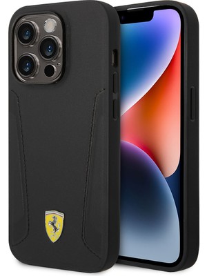 Ferrari iPhone 14 Pro Uyumlu Kılıf Ferrari Magsafe Şarj Özellikli Deri Kenarları Damgalı Dizayn Kapak