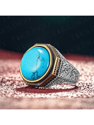 Takılingo 925 Ayar Gümüş Damarlı Firuze Taşlı Usta Işi Erkek Yüzük