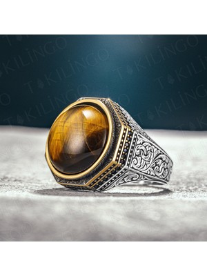 Takılingo 925 Ayar Gümüş Kahverengi Kaplangözü Taşlı Erkek Yüzük