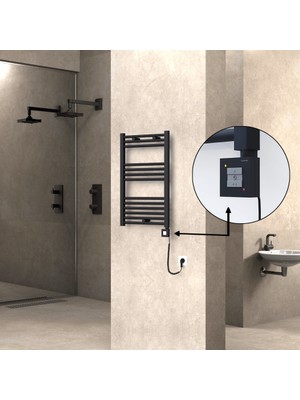 Radiva Haiti Elektrikli Havlupan 500X800 Düz Siyah Mat (Ktx1 Termostat) 300 Watt Spiral Kablolu