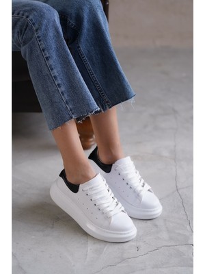 Moda Adam Kadın Bloom Bağcıklı Spor Ayakkabı Beyaz-Siyah