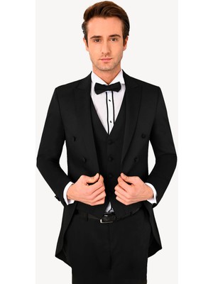 Ysf Erkek Siyah Slim Fit Frag Kırlangıç Yaka Damatlık