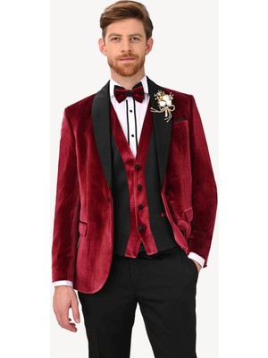 Erkek Bordo Şal Yaka Yelekli Slim Fit Damatlık