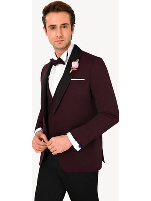 Erkek Bordo Slim Fit Yelekli Çıkma Şal Yaka Damatlık