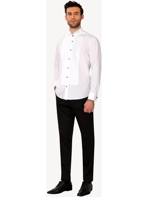 Erkek Beyaz Ata Yaka Slim Fit Piliseli Gömlek