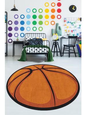 Alban Home Basketbol Topu Yuvarlak Dijital Baskı Kaymaz Taban Çocuk Odası Halısı 100X100