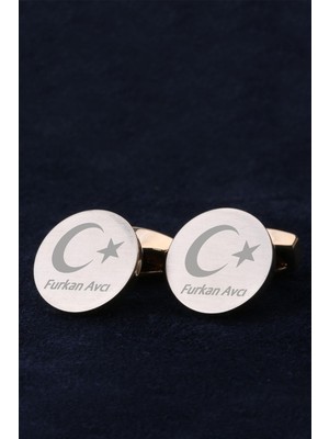 Kravatkolik Isme Özel Ay Yıldız Erkeğe Hediye Altın Renk Kol Düğmesi