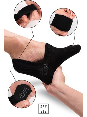 Saysez Bambu Kadın Babet Siyah Çorap Dikişsiz Görünmez Kaydırmaz Topuk Silikonlu Premium 4'lü Paket